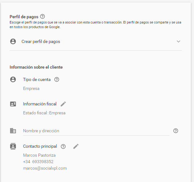 Configurar un perfil de pagos en Google Ads