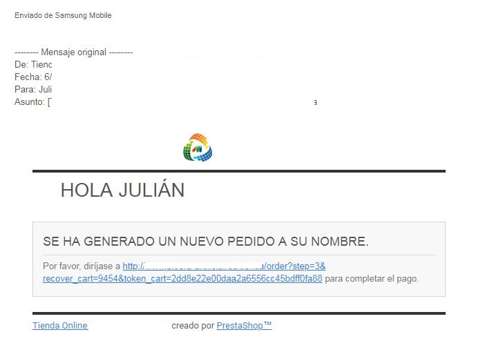 Ejemplo email recordatorio de carro abandonado Prestashop