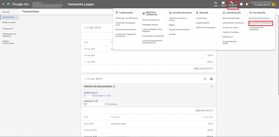 Acceder a la facturación en Google Ads IVA