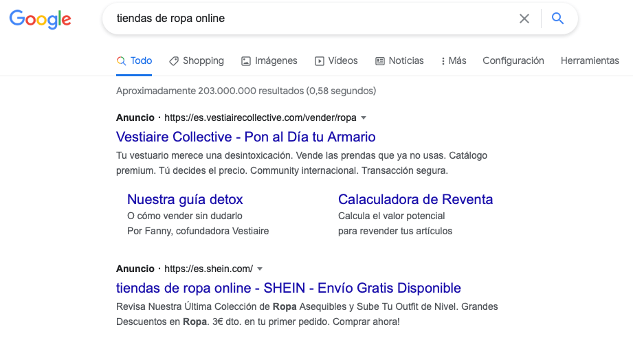 Ejemplo anuncios Google Palabras clave o búsquedas