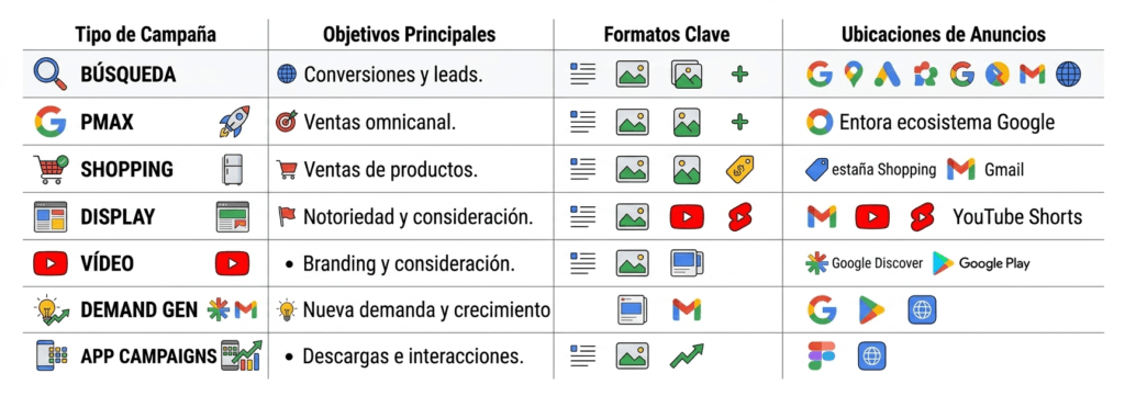 Tipos de campañas de Google Ads